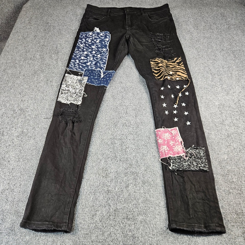 Embellish Mens Black Distressed Patchwork Star Jeans Size 34 Streetwear Slim‎